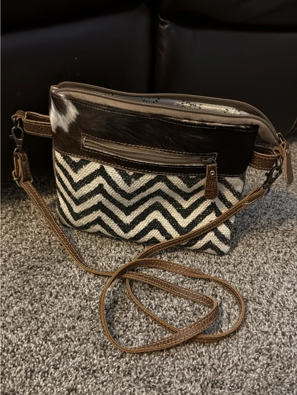 Myra Bag Black & White Chevron Crossbody with Brown Leather Trim